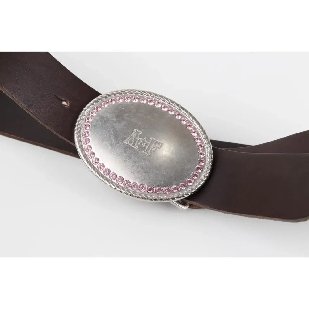 Abercrombie & Fitch Y2K Vintage Brown Leather Belt Pink Rhinestone Oval Buckle S